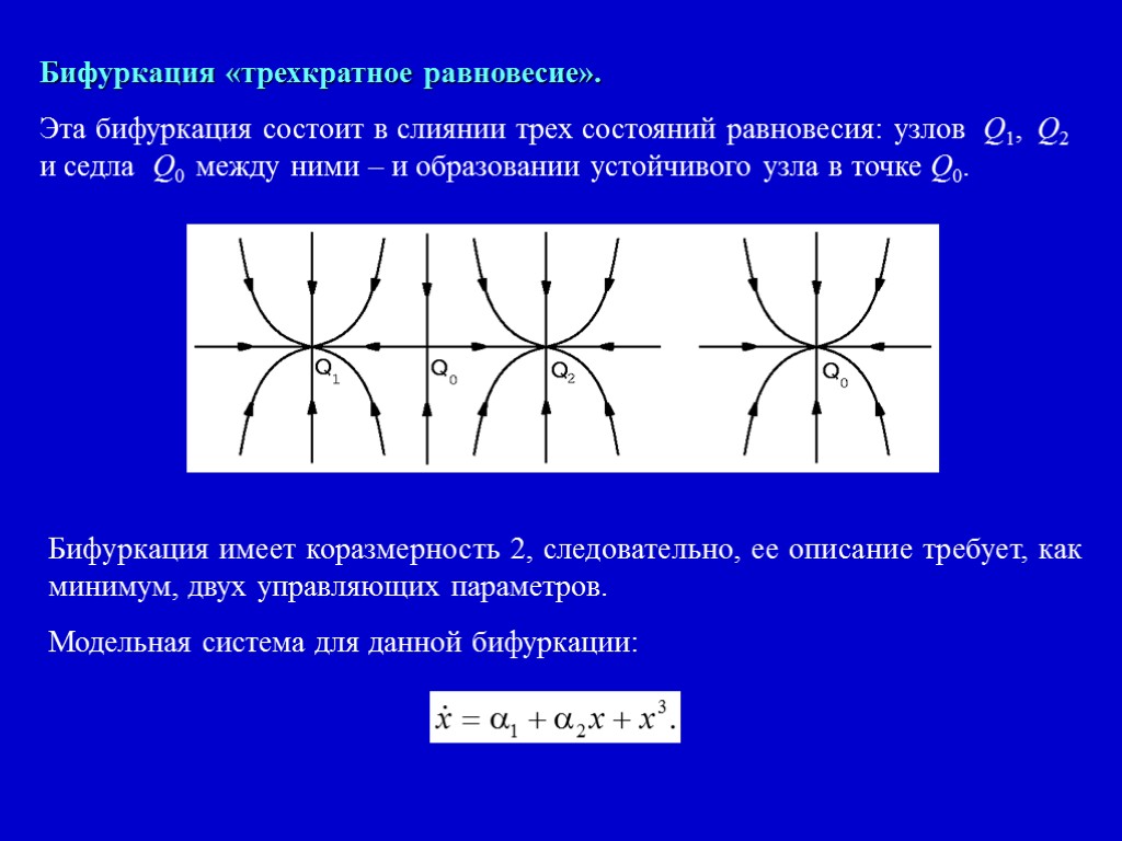 Бифуркация «трехкратное равновесие». Эта бифуркация состоит в слиянии трех состояний равновесия: узлов Q1, Q2